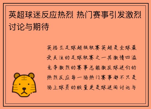 英超球迷反应热烈 热门赛事引发激烈讨论与期待