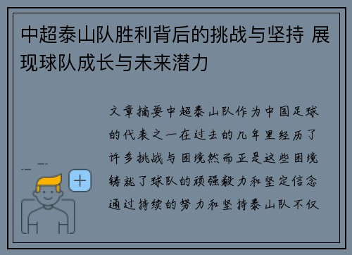 中超泰山队胜利背后的挑战与坚持 展现球队成长与未来潜力